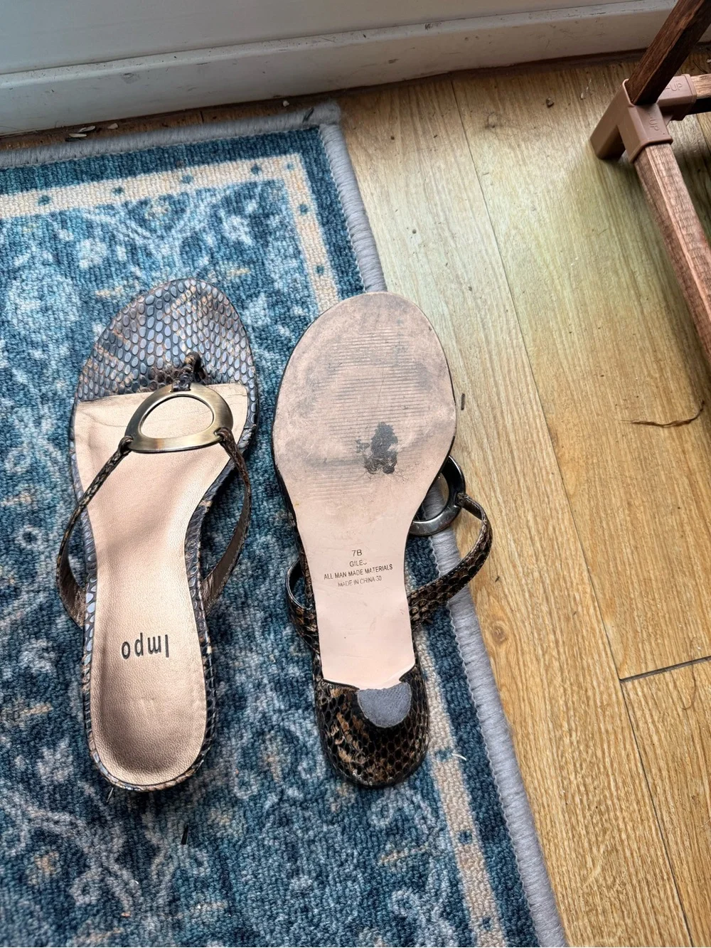 Impo Brown Snake-Print Thong Sandals with Gold Ring Accent